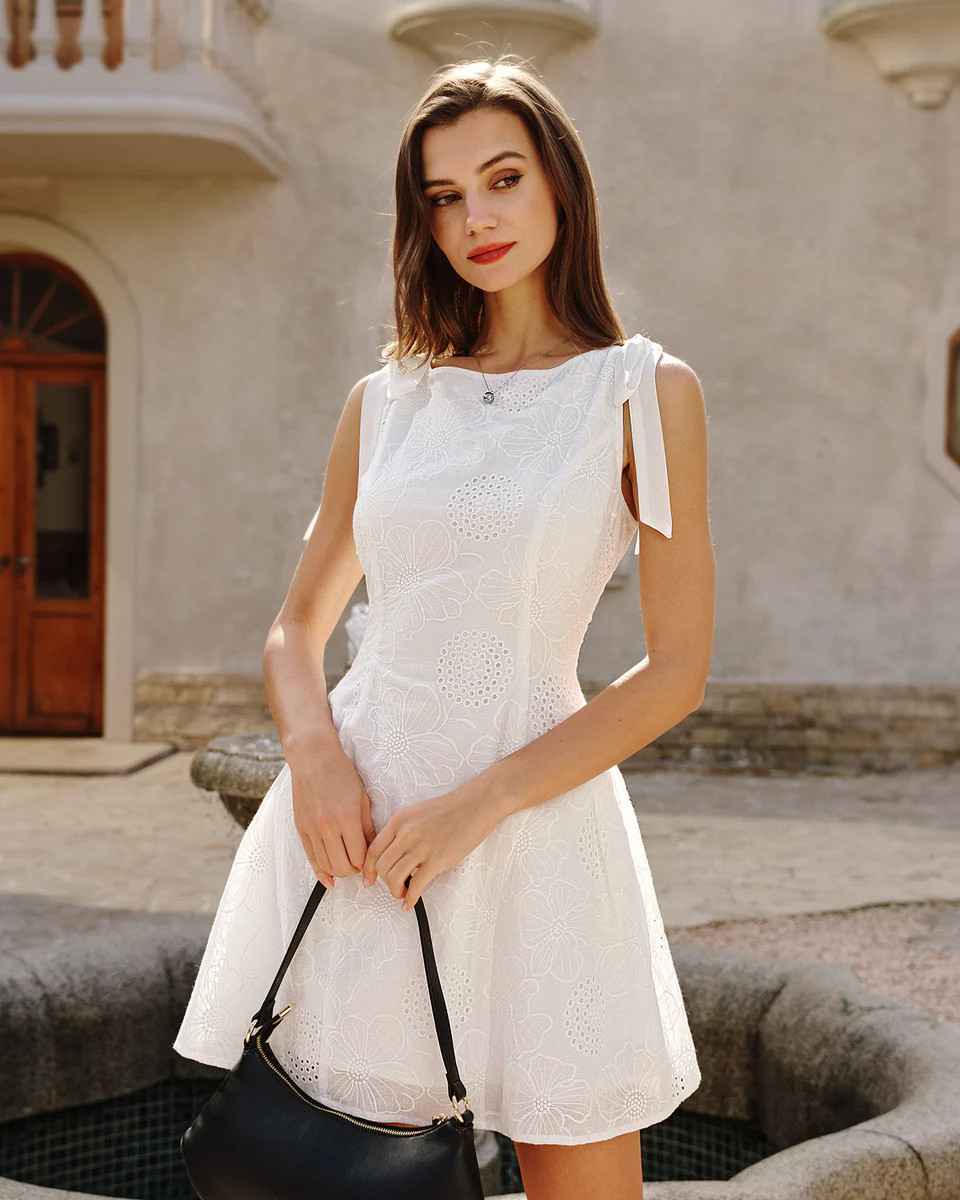 White Floral Textured Mini Dress | rihoas.com