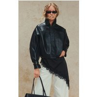 Black Faux Leather Covered Placket Bomber Jacket | PrettyLittleThing UK