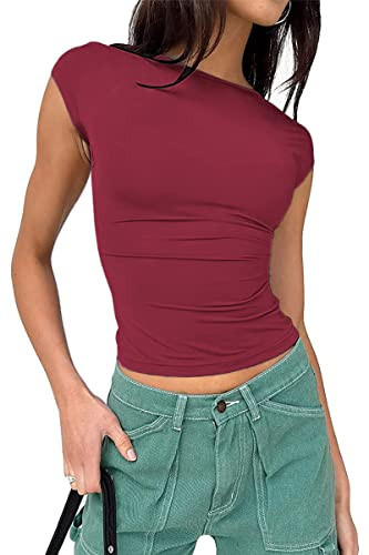 NTSWZYS Womens Sexy Backless T-Shirt Short Sleeve Slim Fit Crewneck Crop Top(TR-Red,M) | Amazon (US)