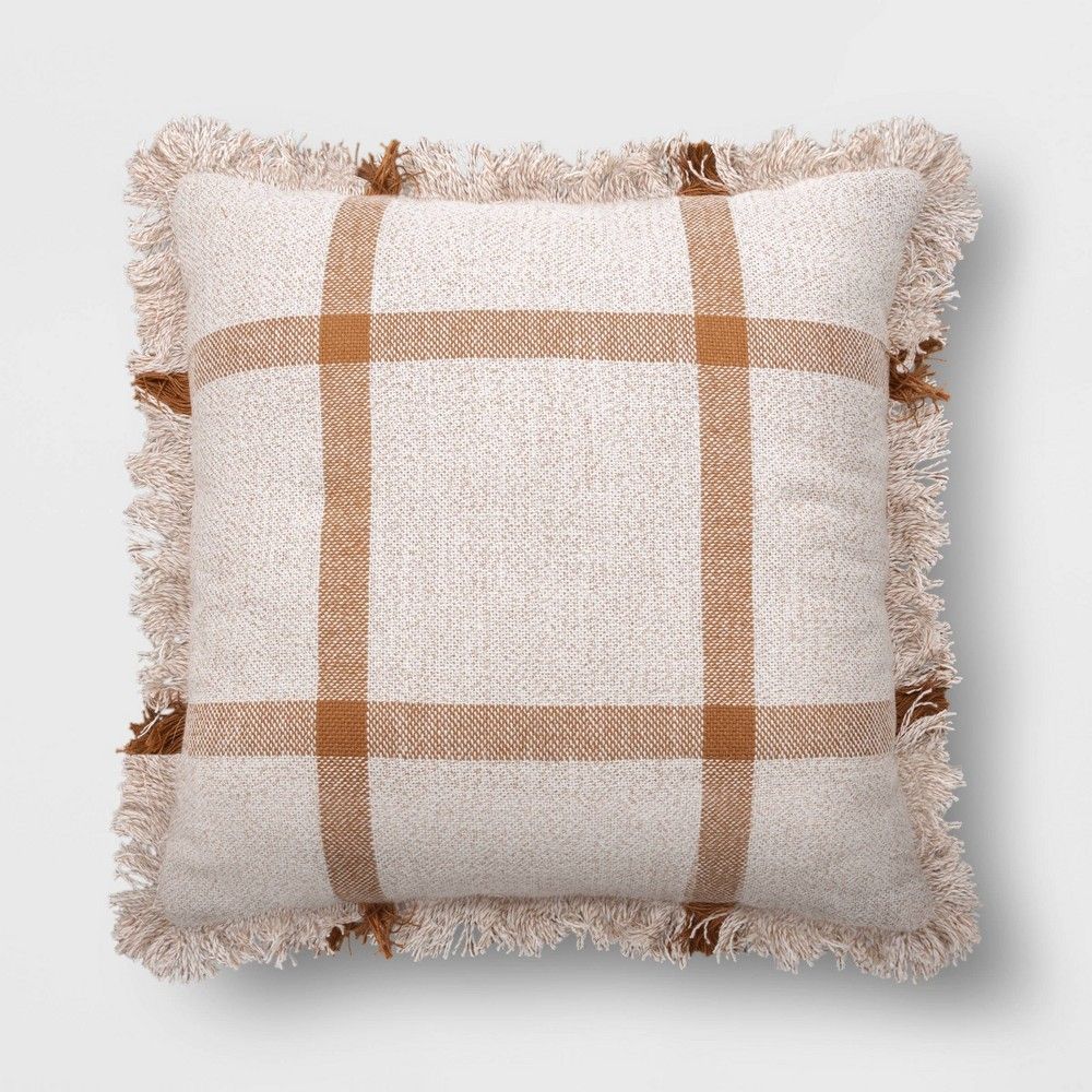 Square Woven Plaid Pillow with Fringe Cream/Brown - Threshold | Target