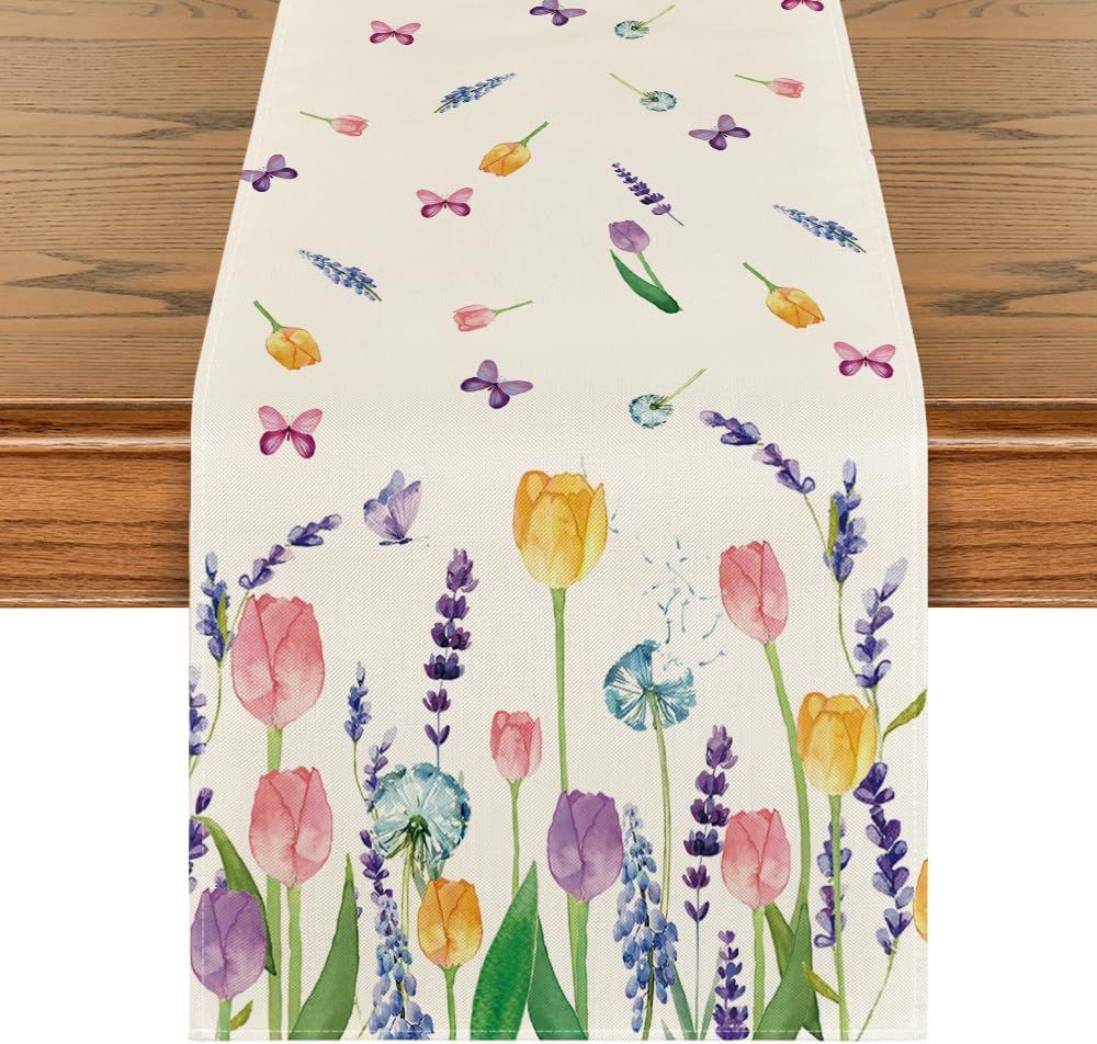 Artoid Mode Lavender Tulip Summer Table Runner, Spring Seasonal Anniversary Holiday Kitchen Dinin... | Amazon (US)