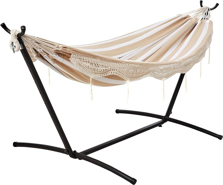 Amazon Basics Double Hammock with 9-Foot Space Saving Steel Stand and Carrying Case, 450 lb Capacity, Beige Stripe with Lace, 110 x 47 x 43 inches | Amazon (US)