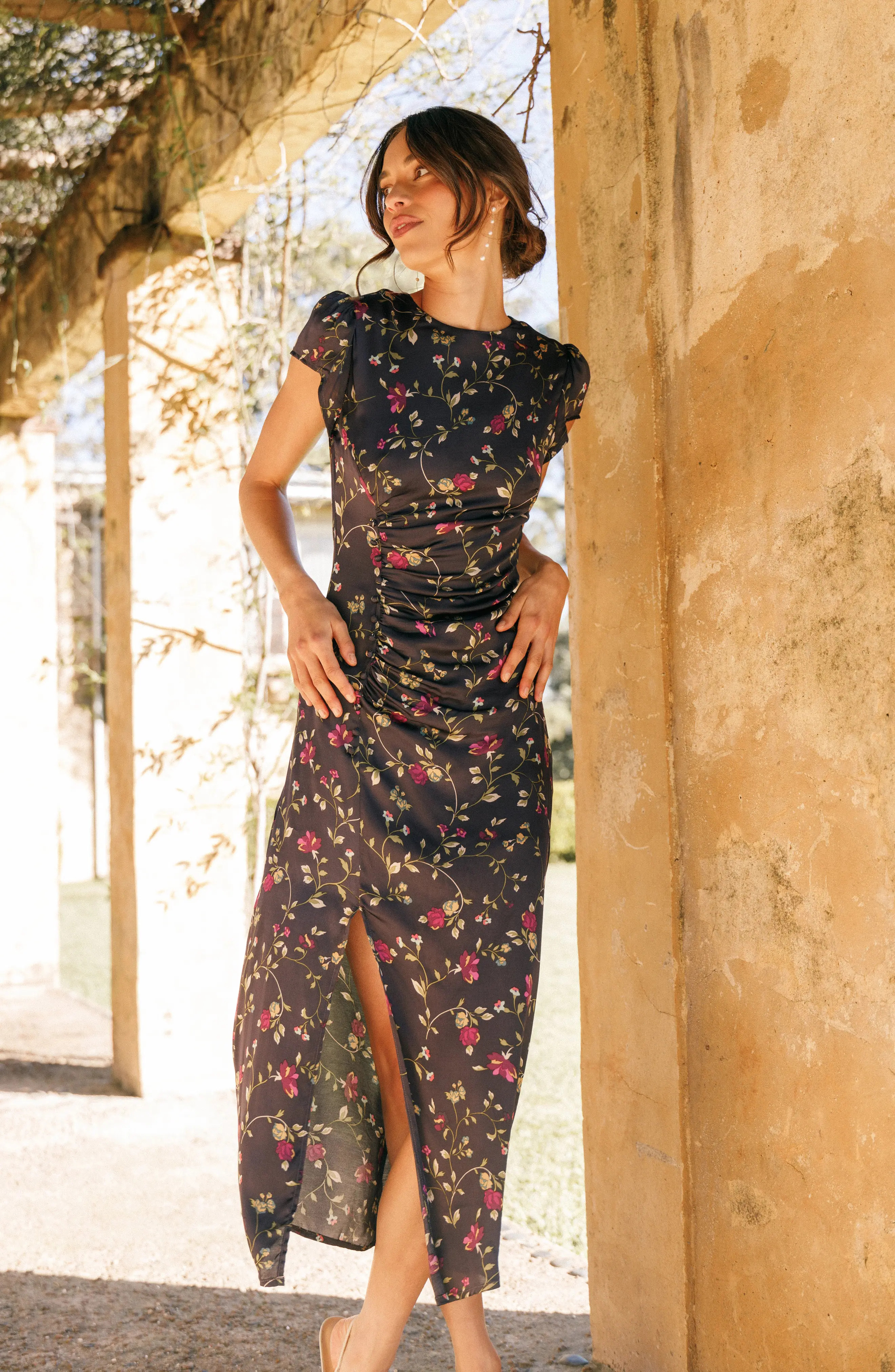 Petal & Pup Lisbeth Floral Cap Sleeve Satin Midi Dress in Midnight Floral at Nordstrom, Size Large | Nordstrom