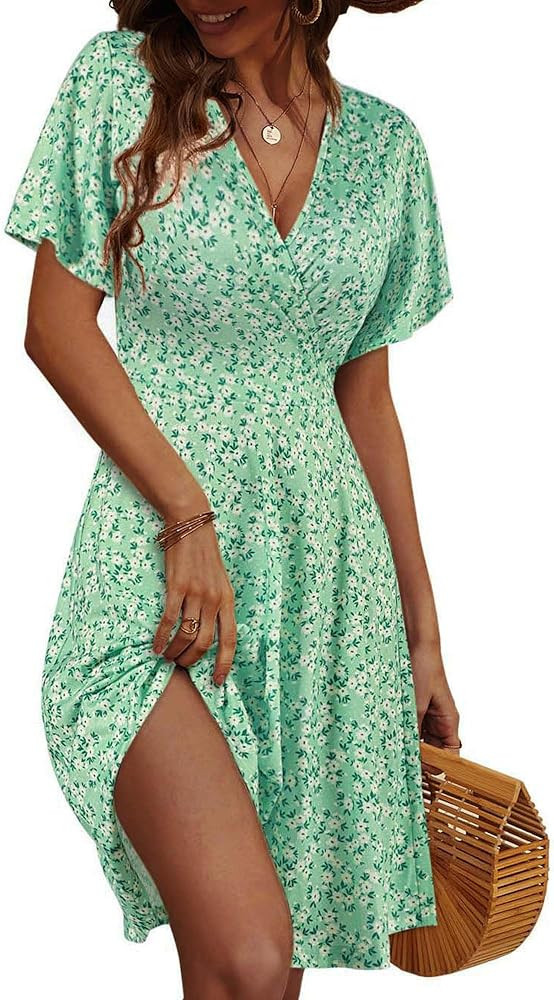 FENSACE Womens Sundress Summer Floral Short Sleeve Wrap V Neck A-Line Midi Dress | Amazon (US)