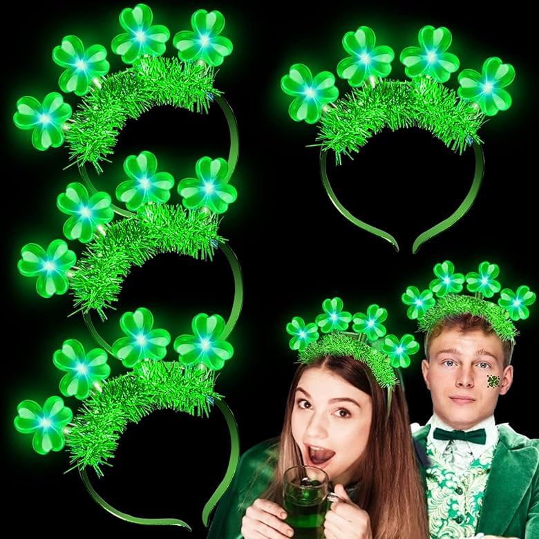 TURNMEON 4 Pack St.Patrick's Day Light up Tinsel Green Shamrocks Clovers Headbands Hat Accessorie... | Amazon (US)