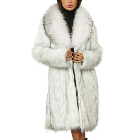 Awdenio Women s Fur & Faux-Fur Jackets & Coats Womens Ladies Warm Faux-Furry Long Coat Jacket Winter Solid V-neck Outerwear | Walmart (US)