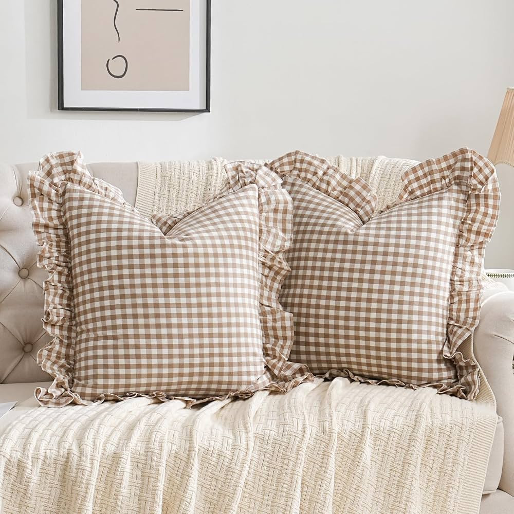 2 Pack Taupe/Brown Plaid Ruffle Throw Pillow Covers Farmhouse Checkered Chic Washed Cotton Pillow... | Amazon (US)