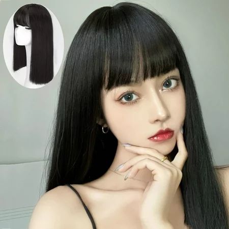 Black Wig Long Straight with Flat Bangs Natural Silky Synthetics Lace Front Wig | Walmart (US)