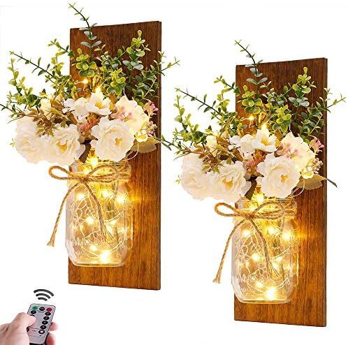 Rustic Wall Sconces Mason Jar Sconces Handmade Wall Art Hanging Design with Remote Control LED Fa... | Amazon (US)