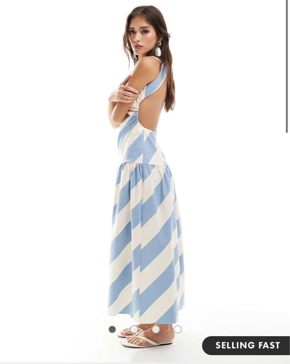 dropped waist seam midi dress with open back in blue and white stripe

#LTKFindsUnder100 #LTKParties #LTKStyleTip