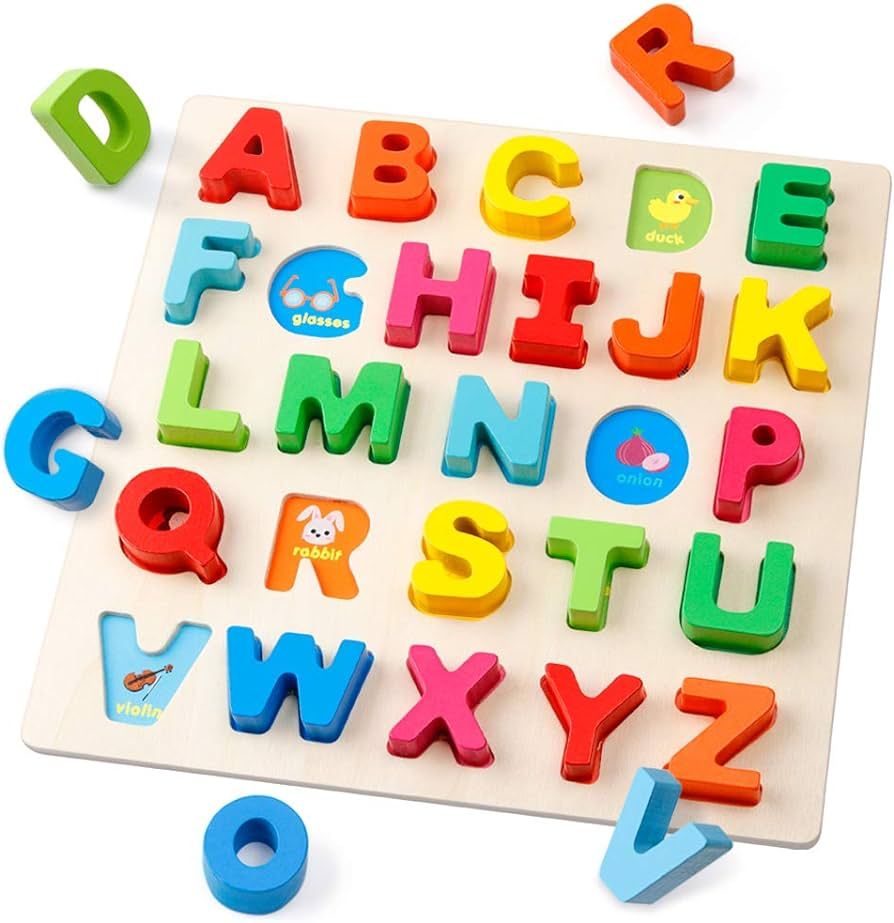 Wooden Alphabet Puzzle – ABC Letters Sorting Board Blocks Montessori Matching Game Jigsaw Educa... | Amazon (US)