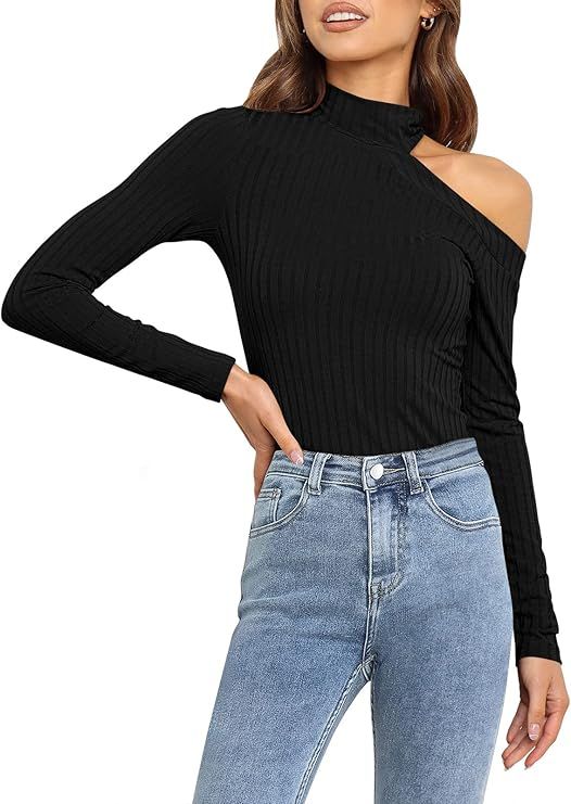 ANRABESS Women’s Long Sleeve Turtle Mock Neck Cutout Off Shoulder Slim Fit Ribbed Knit Tee Tops | Amazon (US)
