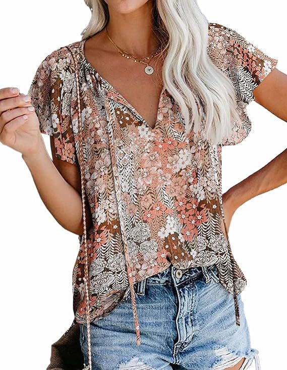 SimpleFun Women's Boho Tops Floral V Neck Short Sleeve Summer Blouse Shirts | Amazon (US)