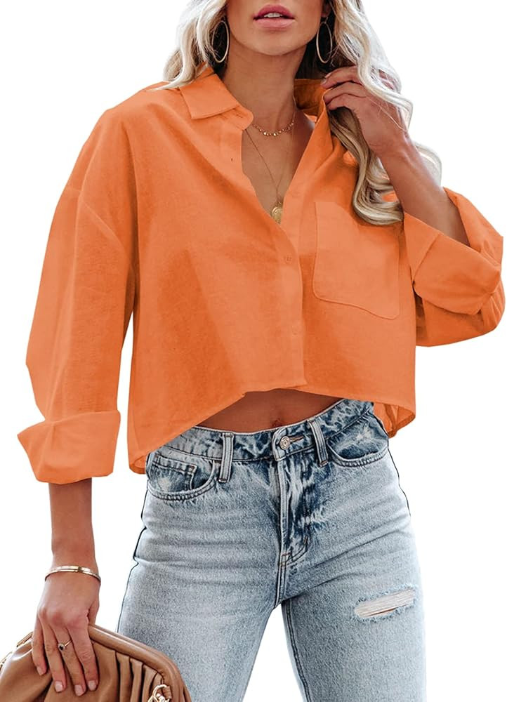 Tankaneo Womens Button Down Cropped Shirts Long Sleeve Casual Crop Tops Solid Lapel Blouse Shirt ... | Amazon (US)