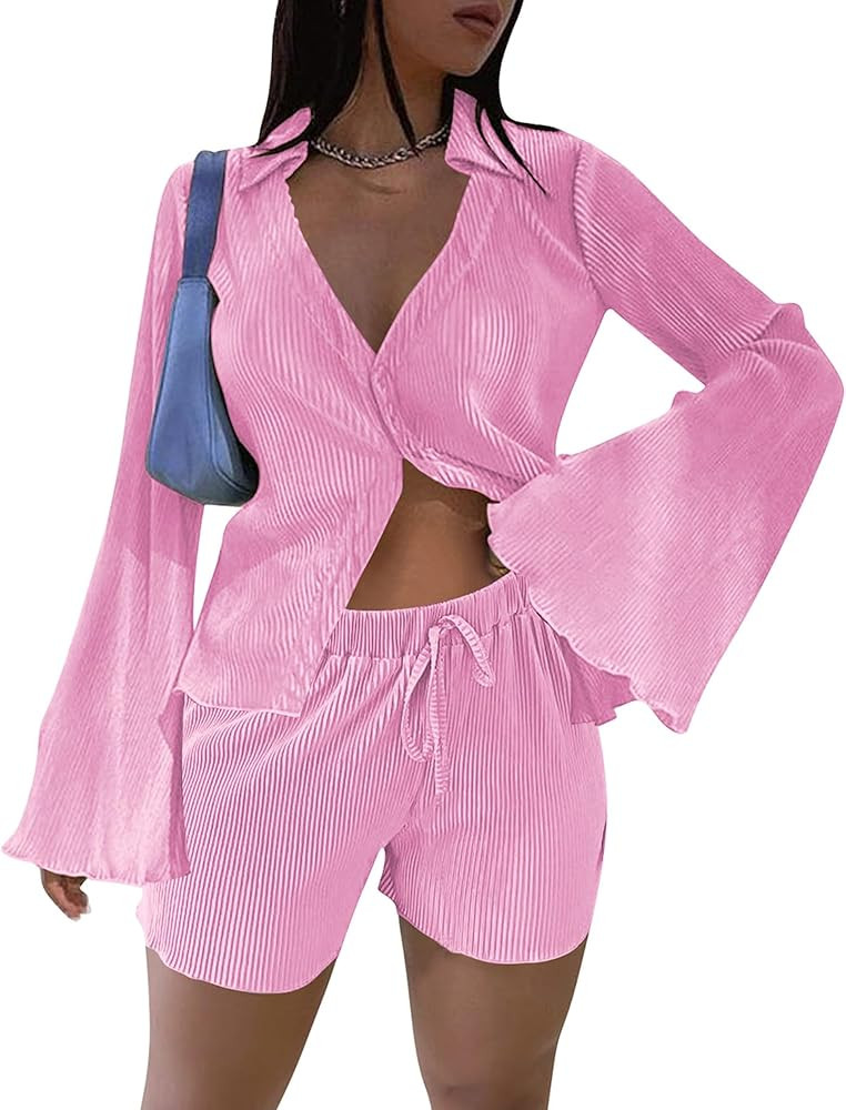 Doweha Women's Summer Two Piece Outfits Lounge Sets Short Sleeve Button Down Crop Top High Waiste... | Amazon (US)