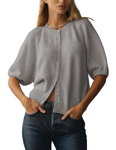 Women's Casual Short Puff Sleeves Crewneck Cardigan Button Down Knit Sweater Open Front Jumper | Amazon (US)