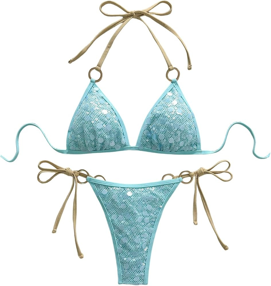 MakeMeChic Women's String Sexy Bikini Sets Sequin Halter Triangle Swimsuits | Amazon (US)