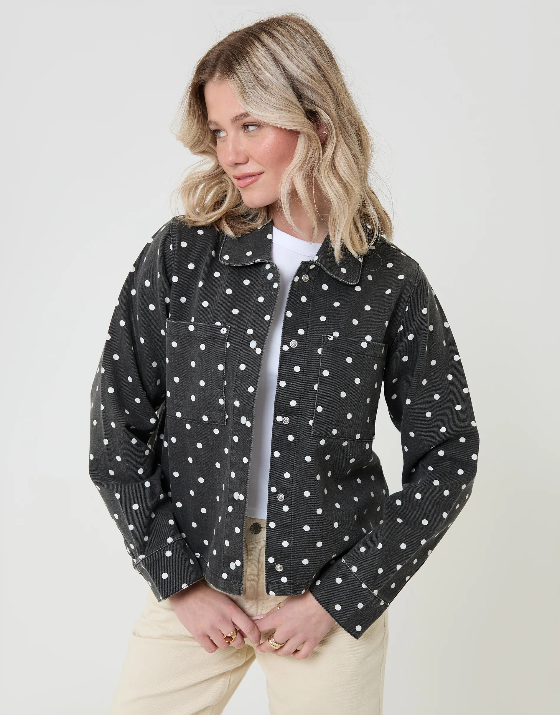 Co-ord Denim Shacket in Mono Polka Dot | Threadbare UK