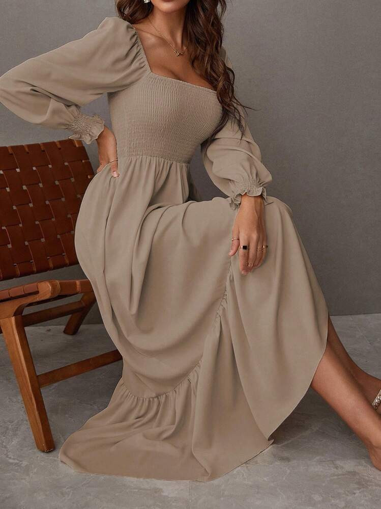 Chiquease Square Neck Shirred Ruffle Hem Dress Maxi Women Outfit Fall Cloth For Women | SHEIN