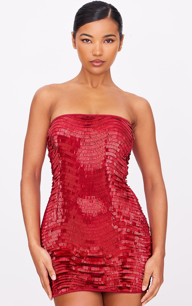 Red Textured Sequin Bandeau Mini Dress | PrettyLittleThing US