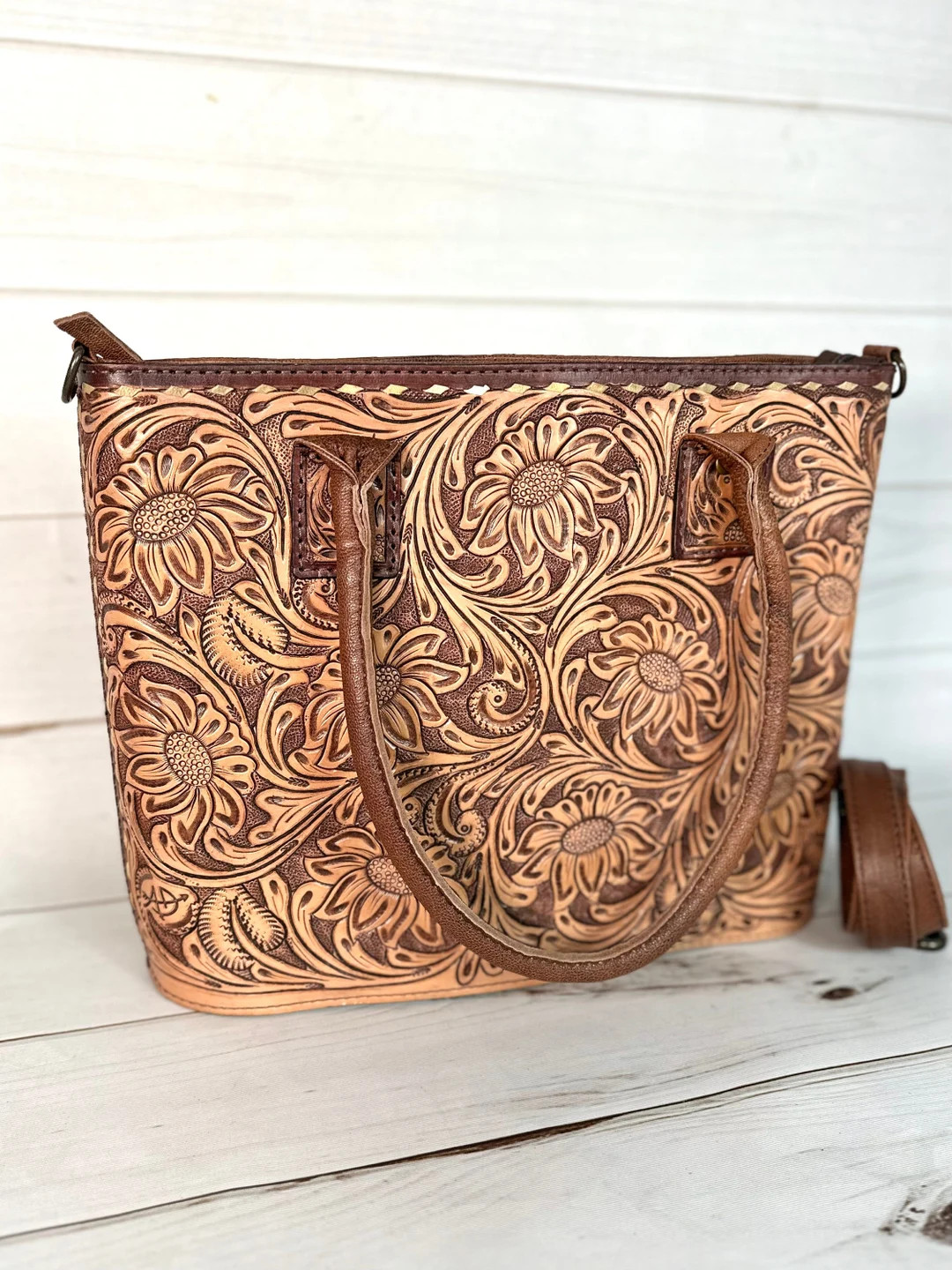 Floral Tooled Buckstitch Leather Tote - Etsy | Etsy (US)