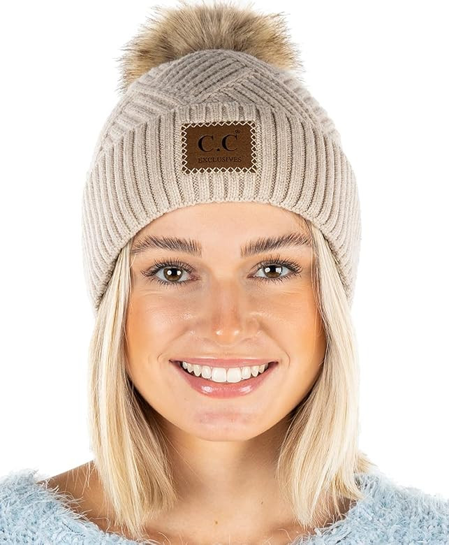 Funky Junque Beanie for Women Faux Fur Pom Pom Winter Hats Knitted Warm Soft Chunky Ribbed Skull ... | Amazon (US)