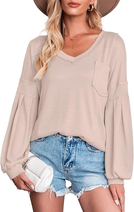 Phortric Womens Lantern Sleeve Shirt Deep V Neck Off Shoulder Casual Oversized Blouse Knit Tops w... | Amazon (US)