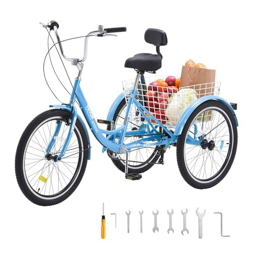 VEVOR Adult Tricycles Bike, 7 Speed Adult Trikes, 20 Inch Three-Wheeled Bicycles, Carbon Steel Cruiser Bike with Basket and Adjustable Seat, Picnic Shopping Tricycles for Seniors, Women, Men (Blue) | Amazon (US)