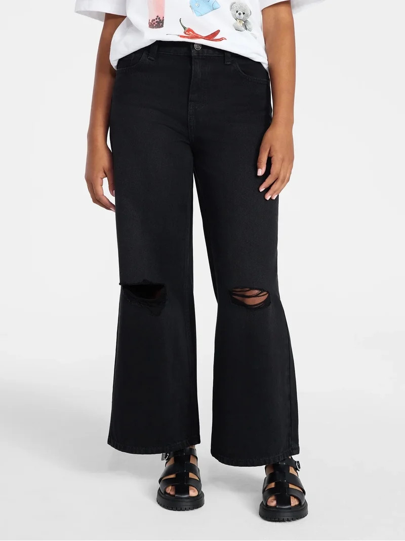 Weekend Academy Girls Cotton Wide Leg Destructive Denim Jeans, Sizes 5-18 | Walmart (US)