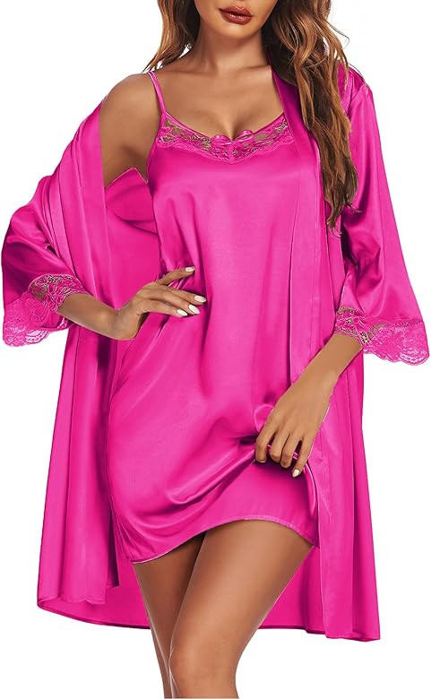 Ekouaer Sleepwear Women's Satin Nightgown with Robes Set 2 Piece Sexy Lace Cami Nightwear | Amazon (US)