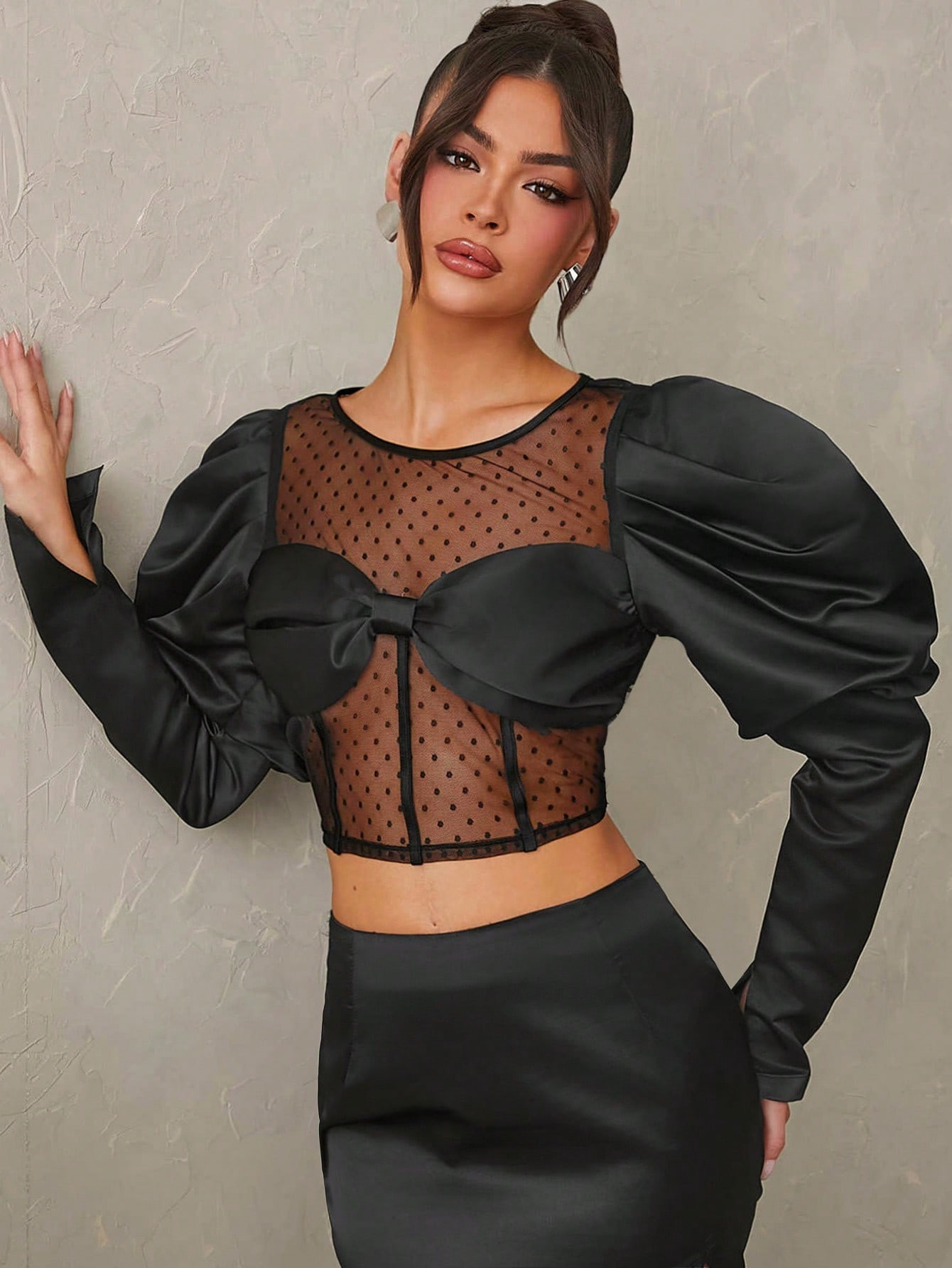 SHEIN Haute Mixed Fabric Long Bubble Sleeve Backless Corset With Bow | SHEIN