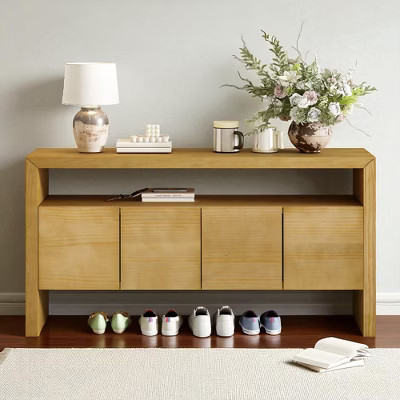 60" 4-Door Sideboard Buffet, Modern Solid Wood Veneer Storage Console with Open Shelf, Large Capacity for Living Room Dining Entryway | Target