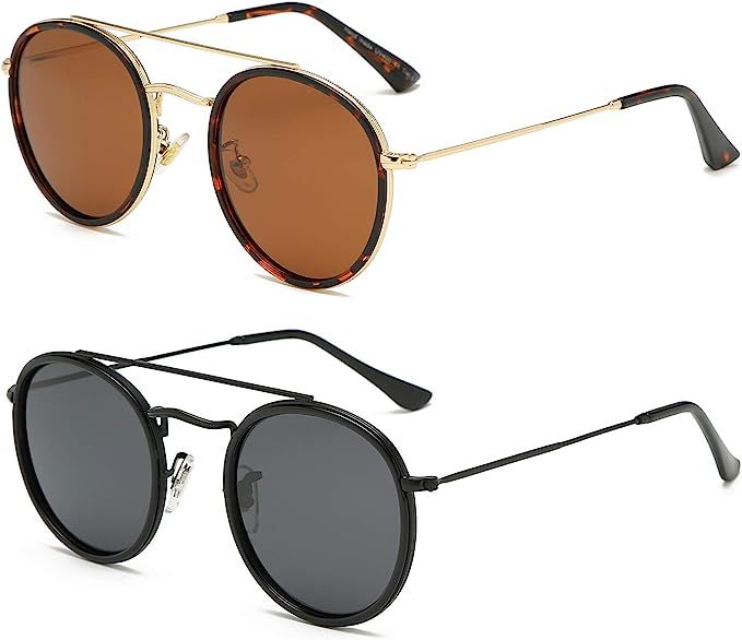 DUSHINE Small Round Double Bridge Sunglasses For Women Men Polarized 100% UV Protection | Amazon (US)