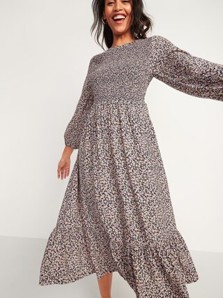 Smocked Floral-Print Fit & Flare Midi Dress for Women | Old Navy (US)