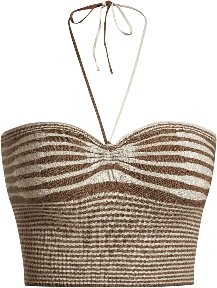 SweatyRocks Women's Striped Tie Backless Halter Top Sleeveless Knitted Crop Cami Tank | Amazon (US)