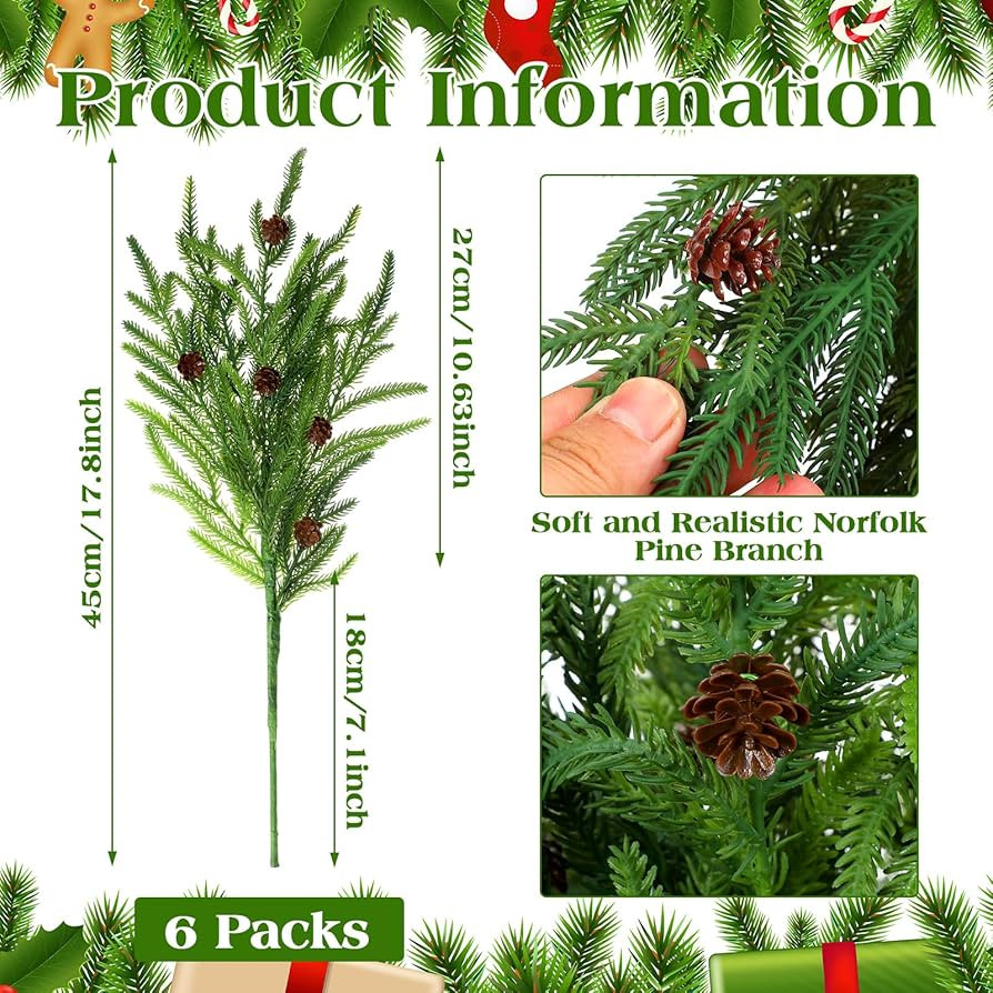 Yinder Xmas Norfolk Pine Branches with Pine Cones Norfolk Pine Artificial Xmas Branches for Xmas ... | Amazon (US)