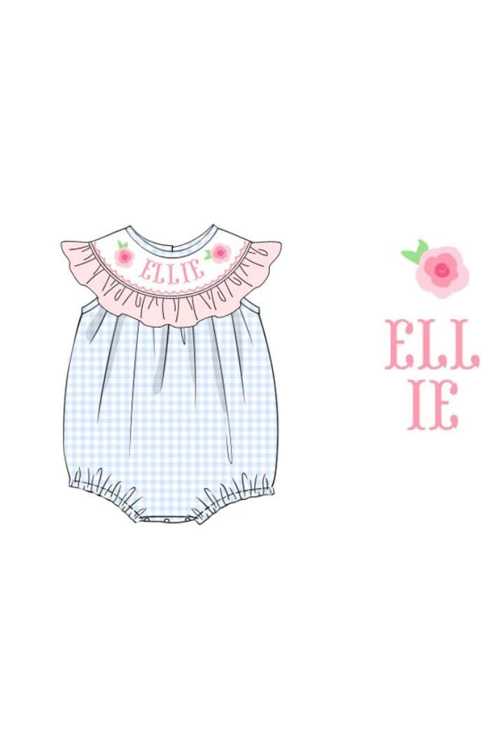 Pre-Order Hand Smocked Run for the Roses BLUE Gingham Bubble | The Smocked Flamingo