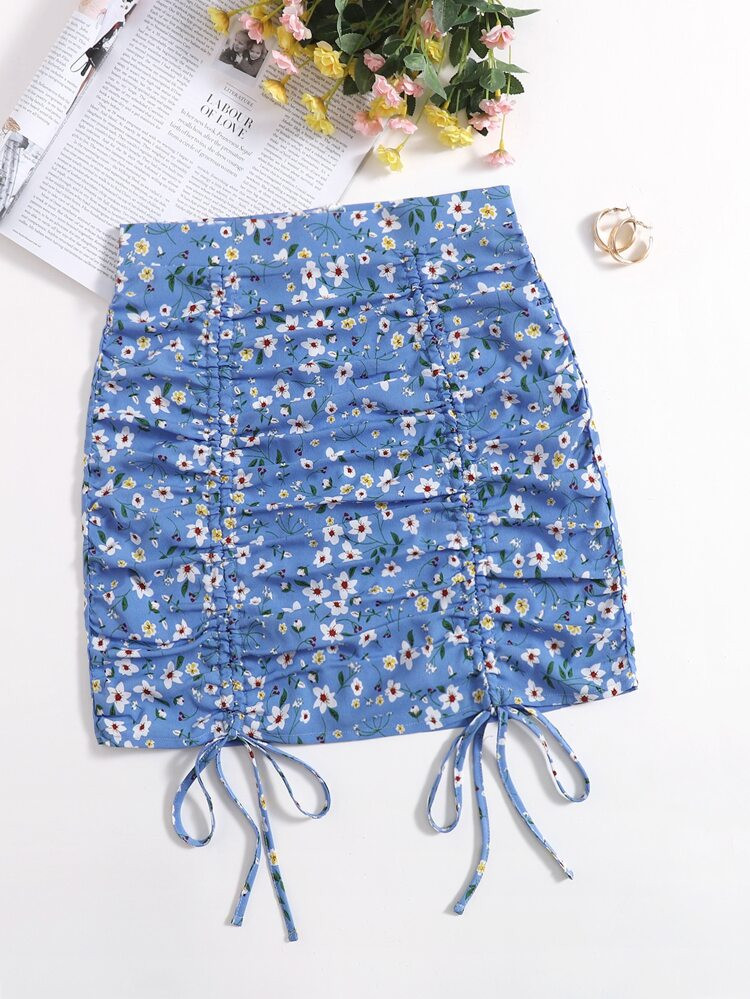 Ditsy Floral Print Drawstring Front Ruched Skirt | SHEIN