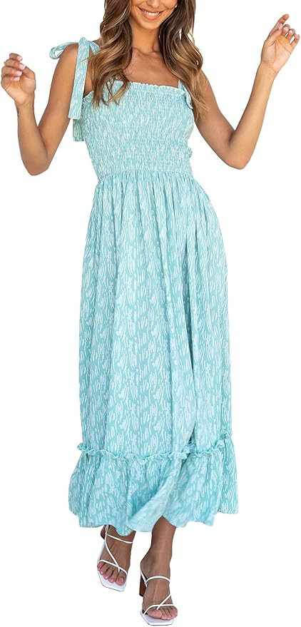 Goranbon Women's Summer Floral Maxi Dress Tie Strap Smocked Flowy Beach Dresses | Amazon (US)