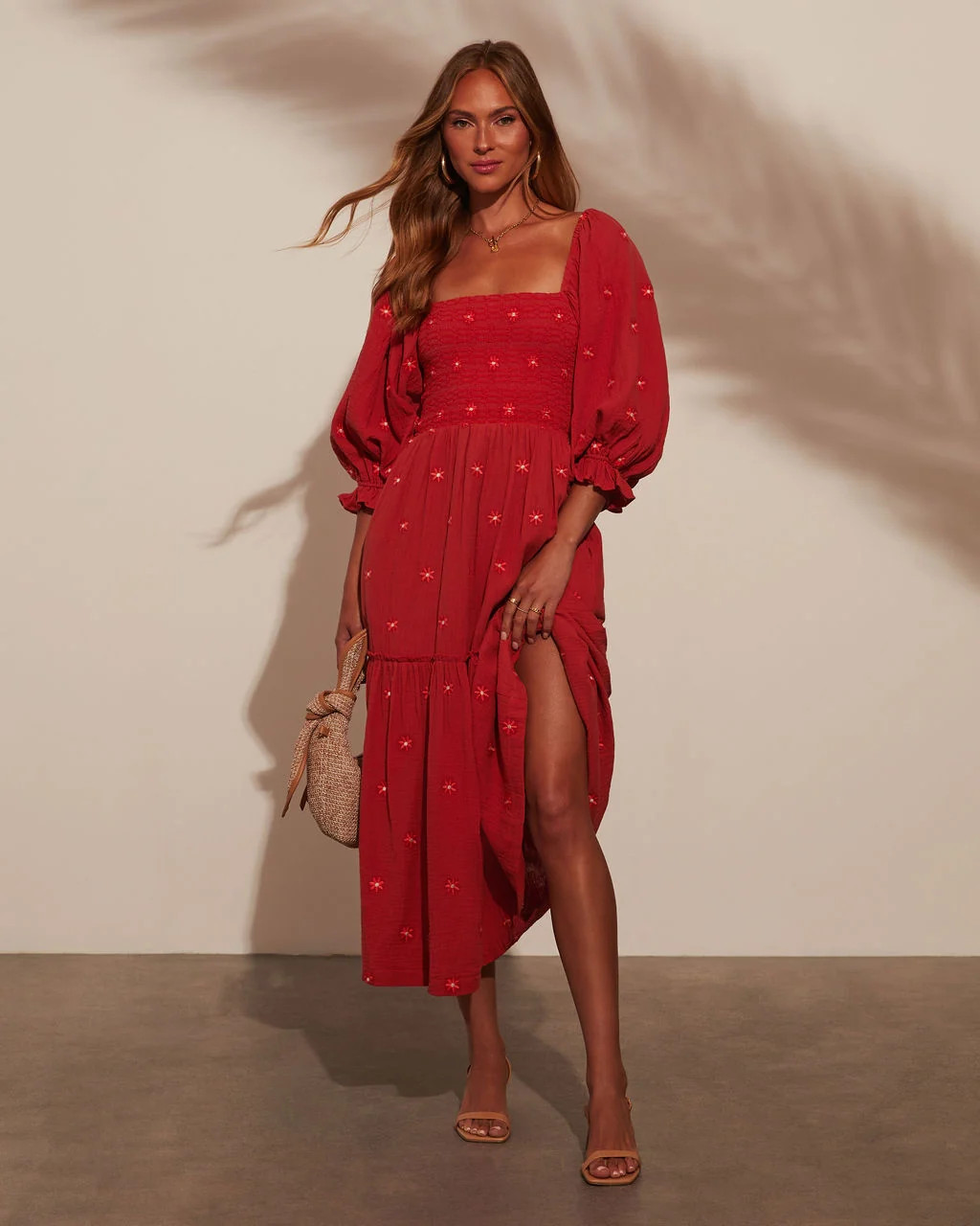 Jemma Smocked Puff Sleeve Tiered Midi Dress | VICI