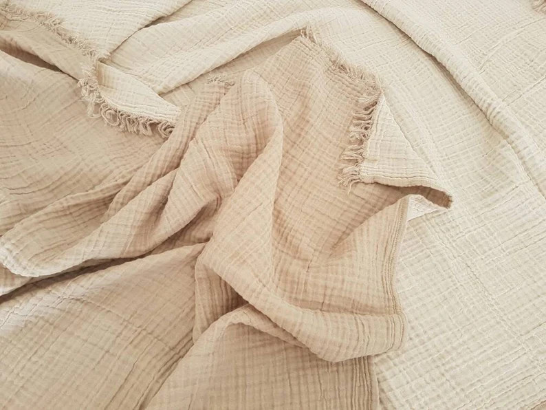 UltraSoft Cotton Gauze Blanket - Huge Coverlet with fringes - Naturally Wrinkled Texture Bedsprea... | Etsy (US)
