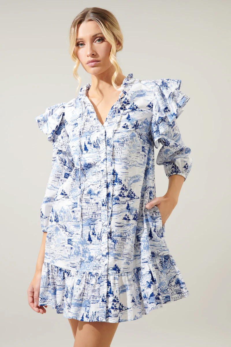 Francine Toile Sky Sammy Ruffle Drop Waist Dress | Sugarlips