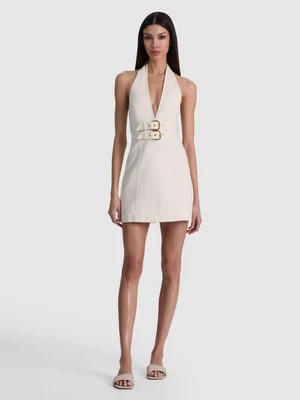 SOLANA BUCKLE DENIM HALTER MINI DRESS - OFF WHITE | Alice + Olivia