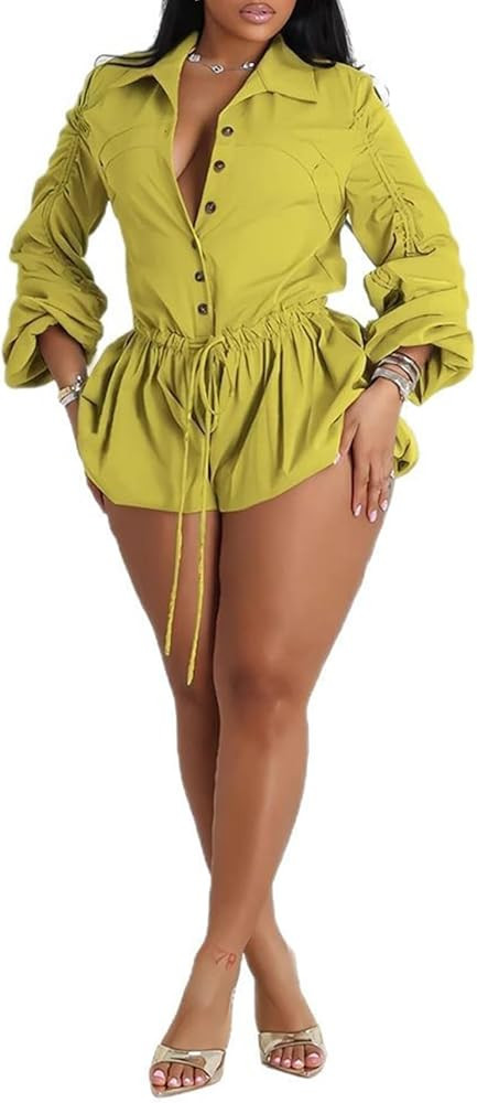 Famnbro Womens Summer Rompers Long Sleeve V Neck Drawstring Bubble Short Cute Jumpsuit One Piece ... | Amazon (US)