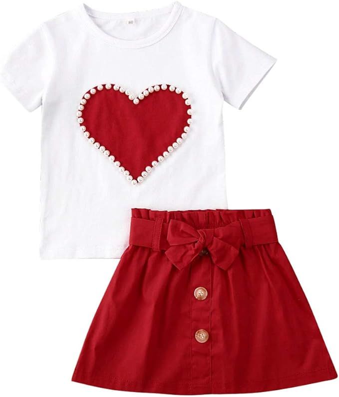 Toddler Kid Baby Girl Valentine's Day Outfits Heart Print Pullover Top Skirt 2Piece Little Valent... | Amazon (US)