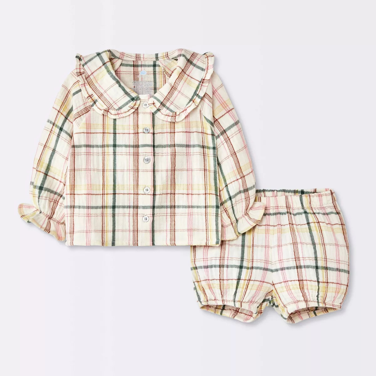 Baby Girls' Collar Plaid Long Sleeve and Shorts Set - Cloud Island™ Pink 24M | Target