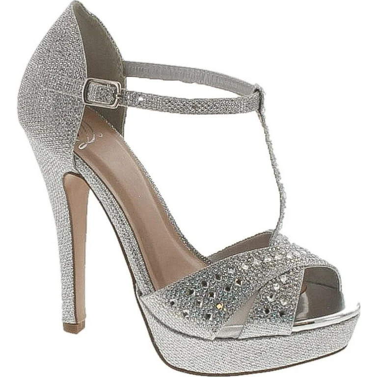 Delicious Womens Jenice T Strap High Heel Metallic Rhinetone Dress Party Shoes, Silver Shimmer, 8... | Walmart (US)