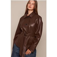 Chocolate Faux Leather Tie Waist Jacket | PrettyLittleThing UK