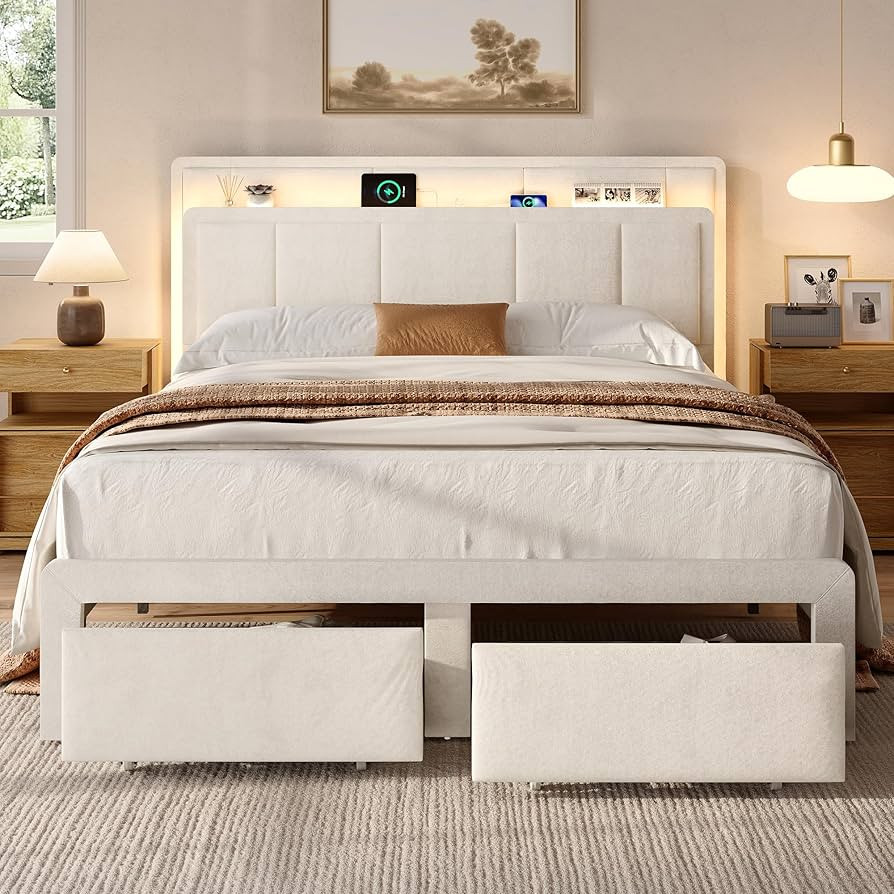 Queen Storage Bed Frame, Upholstered Platform Bed with 2 Drawers, Velvet Vertical Tufted Headboar... | Amazon (US)