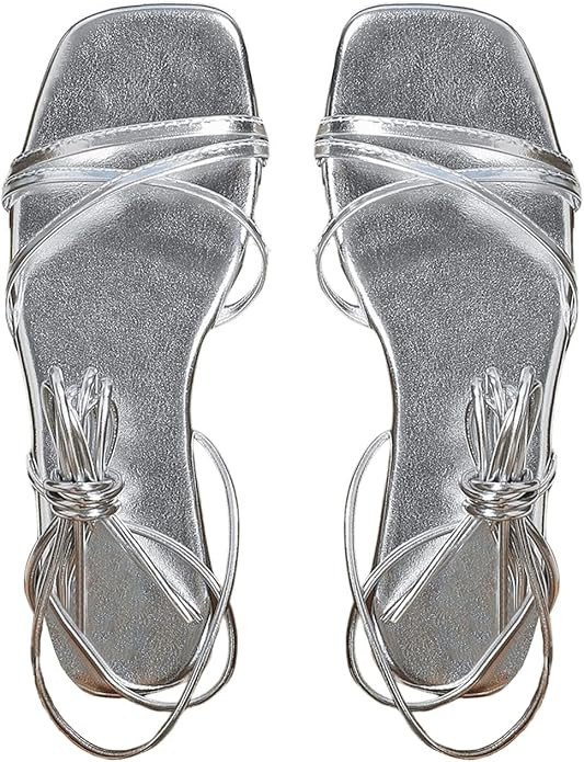 OYOANGLE Women's Lace Up Strappy Flat Sandals Metallic Summer Square Open Toe Sandal Tie Up Shoes | Amazon (US)